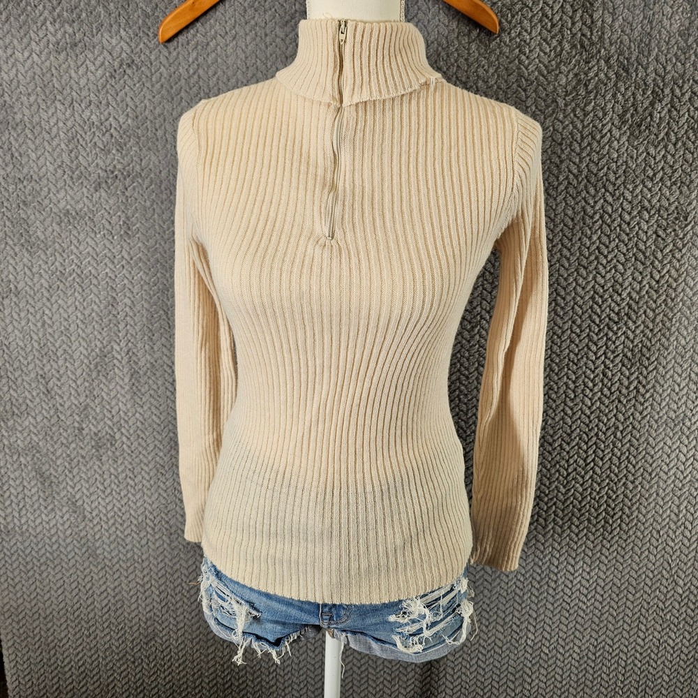 Vintage 1960s - 70s ILGWU Union Made Cream Ribbed Quarter Zip Turtleneck Sweater